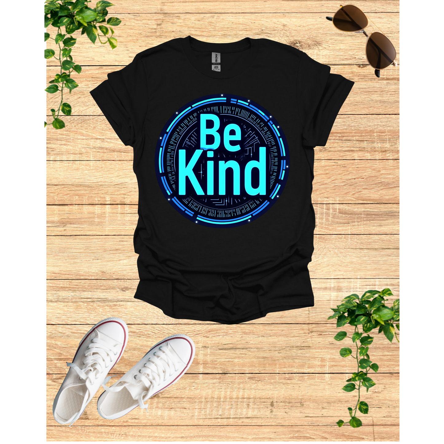 Be Kind Graphic T-Shirt - Modern Artistry Kindness Message in Electric Blues and Metallic Silvers