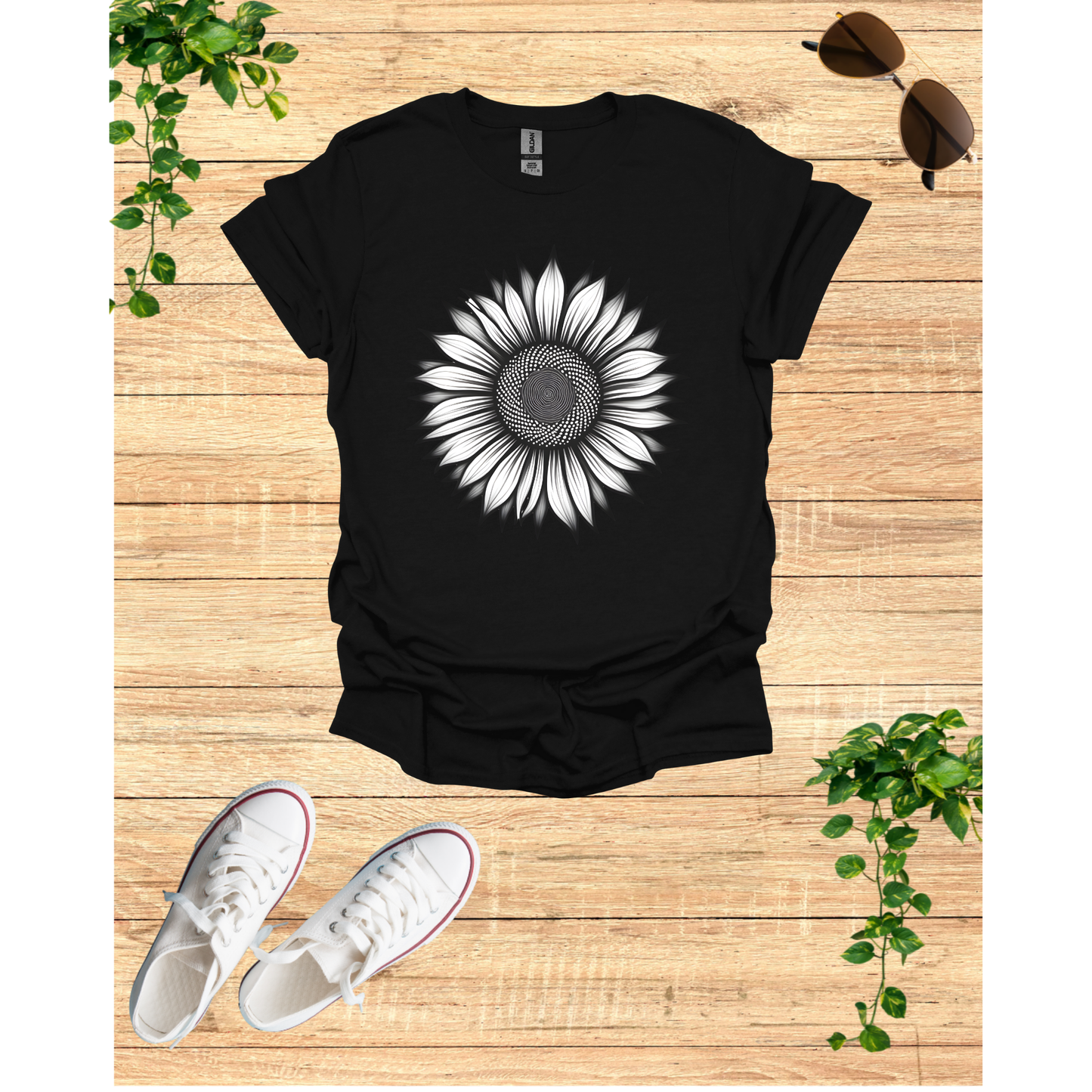 Grey Blossom Sunflower Graphic Unisex T-Shirt - Softstyle Tee for Nature Lovers