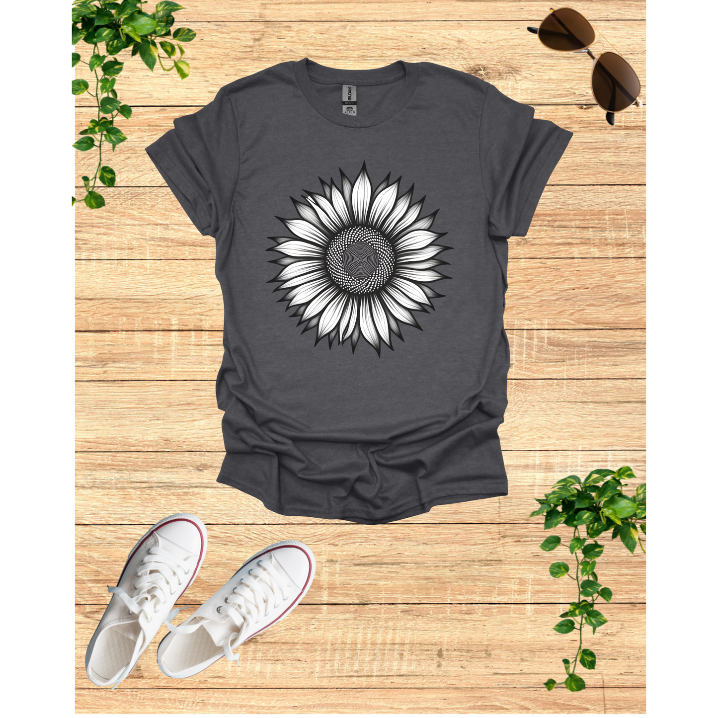 Grey Blossom Sunflower Graphic Unisex T-Shirt - Softstyle Tee for Nature Lovers