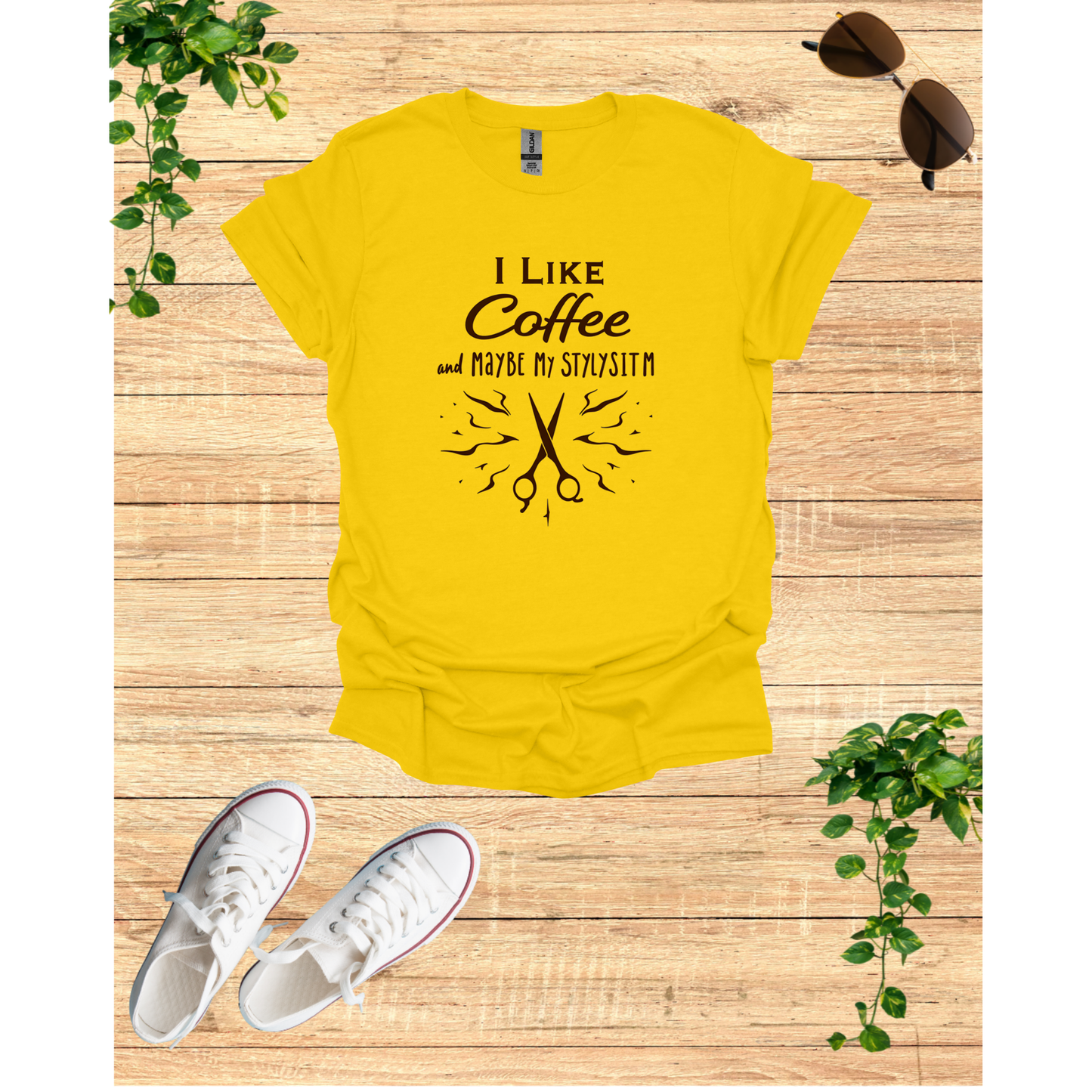 Funny Coffee Lover Unisex T-Shirt - "I Like Coffee and Maybe My Stylist"