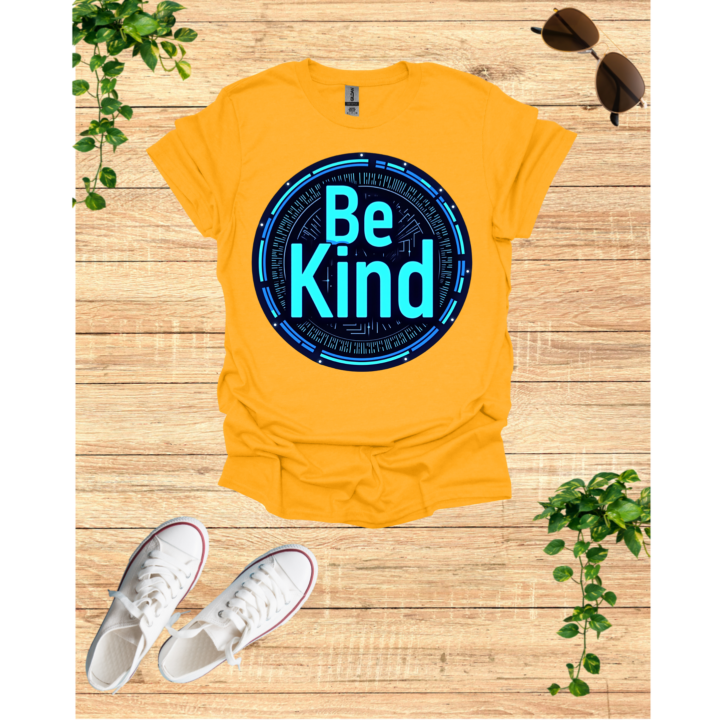 Be Kind Graphic T-Shirt - Modern Artistry Kindness Message in Electric Blues and Metallic Silvers