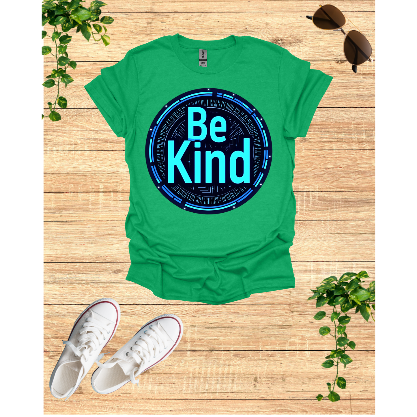Be Kind Graphic T-Shirt - Modern Artistry Kindness Message in Electric Blues and Metallic Silvers