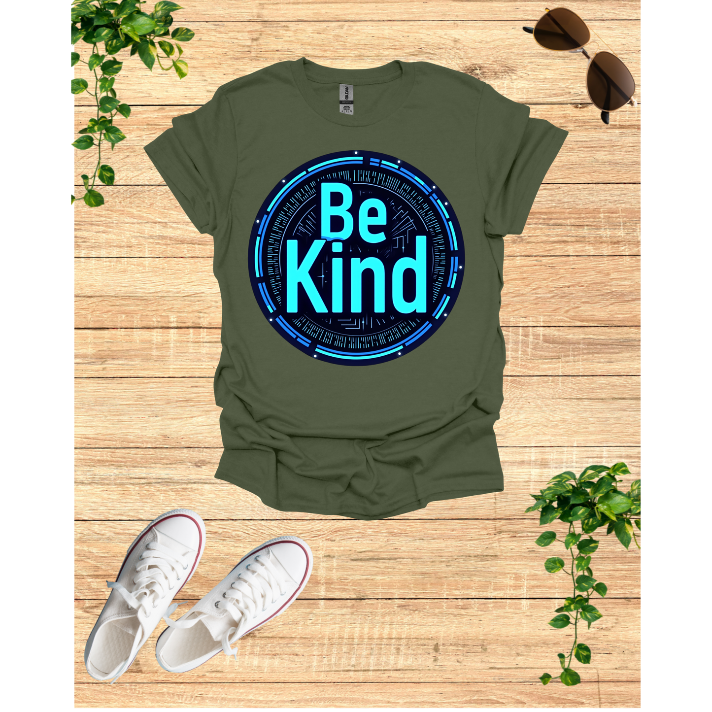 Be Kind Graphic T-Shirt - Modern Artistry Kindness Message in Electric Blues and Metallic Silvers