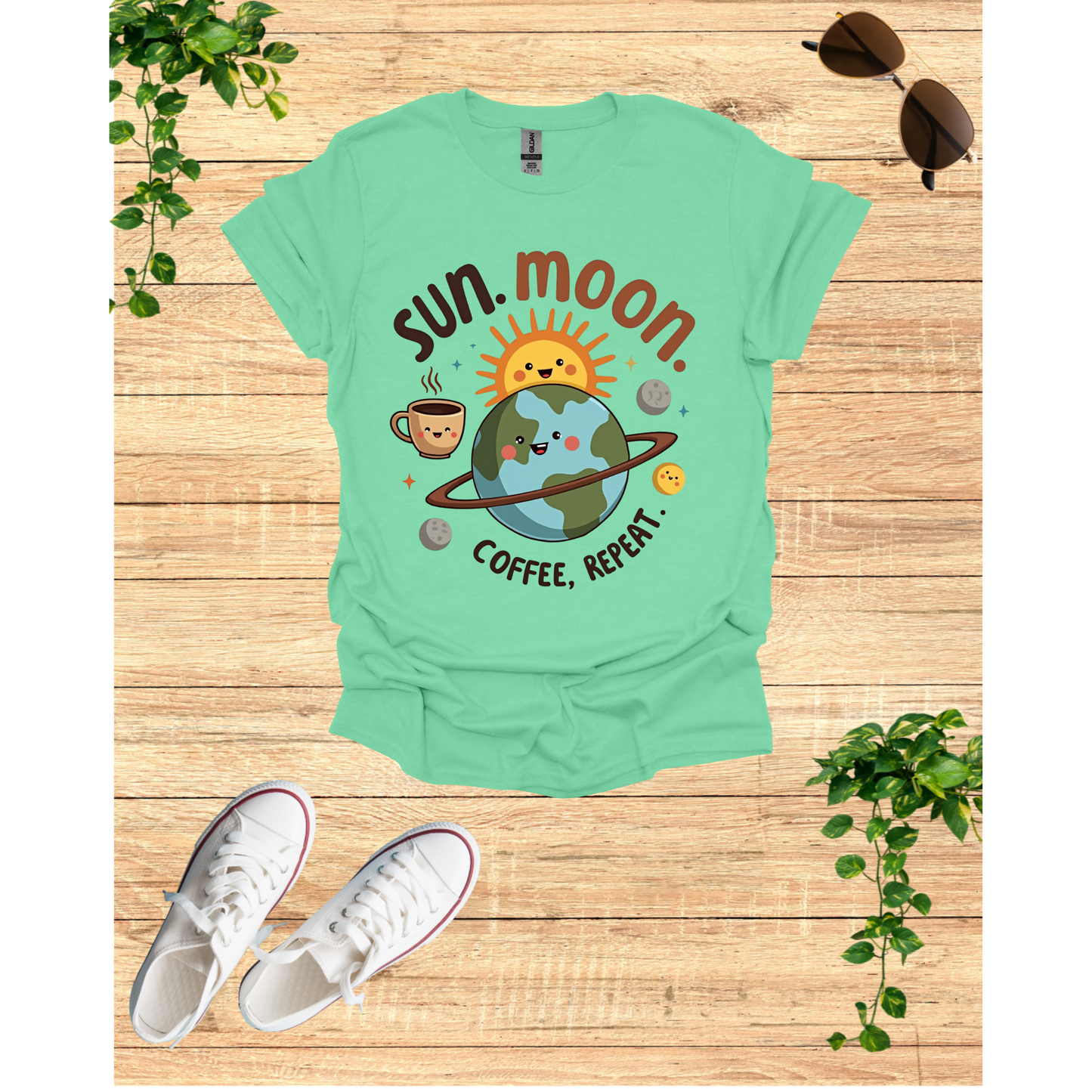 Cute Sun Moon Coffee Repeat Unisex Softstyle T-Shirt