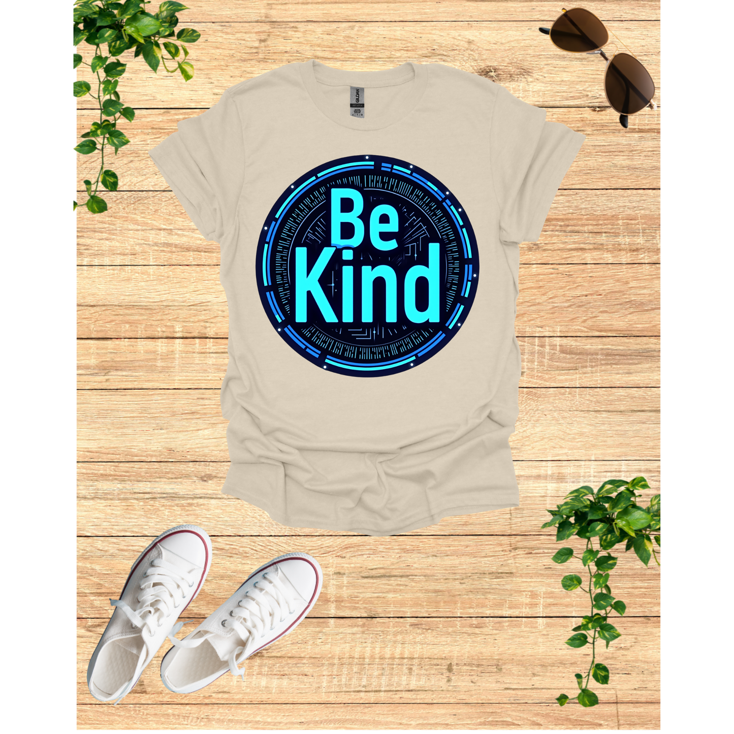 Be Kind Graphic T-Shirt - Modern Artistry Kindness Message in Electric Blues and Metallic Silvers