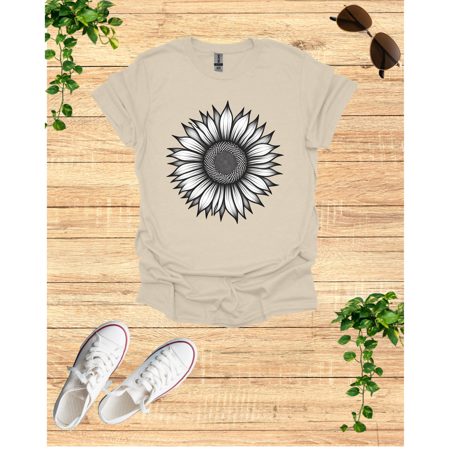 Grey Blossom Sunflower Graphic Unisex T-Shirt - Softstyle Tee for Nature Lovers