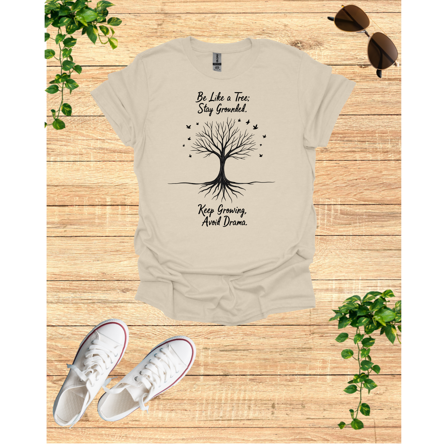 Inspirational Tree Graphic T-Shirt - Stay Grounded and Keep Growing