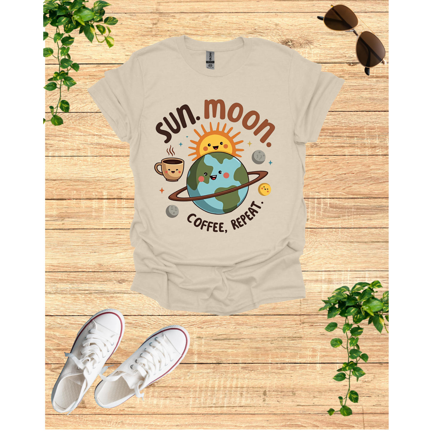 Cute Sun Moon Coffee Repeat Unisex Softstyle T-Shirt