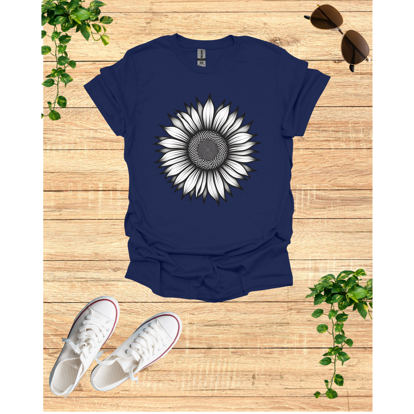 Grey Blossom Sunflower Graphic Unisex T-Shirt - Softstyle Tee for Nature Lovers
