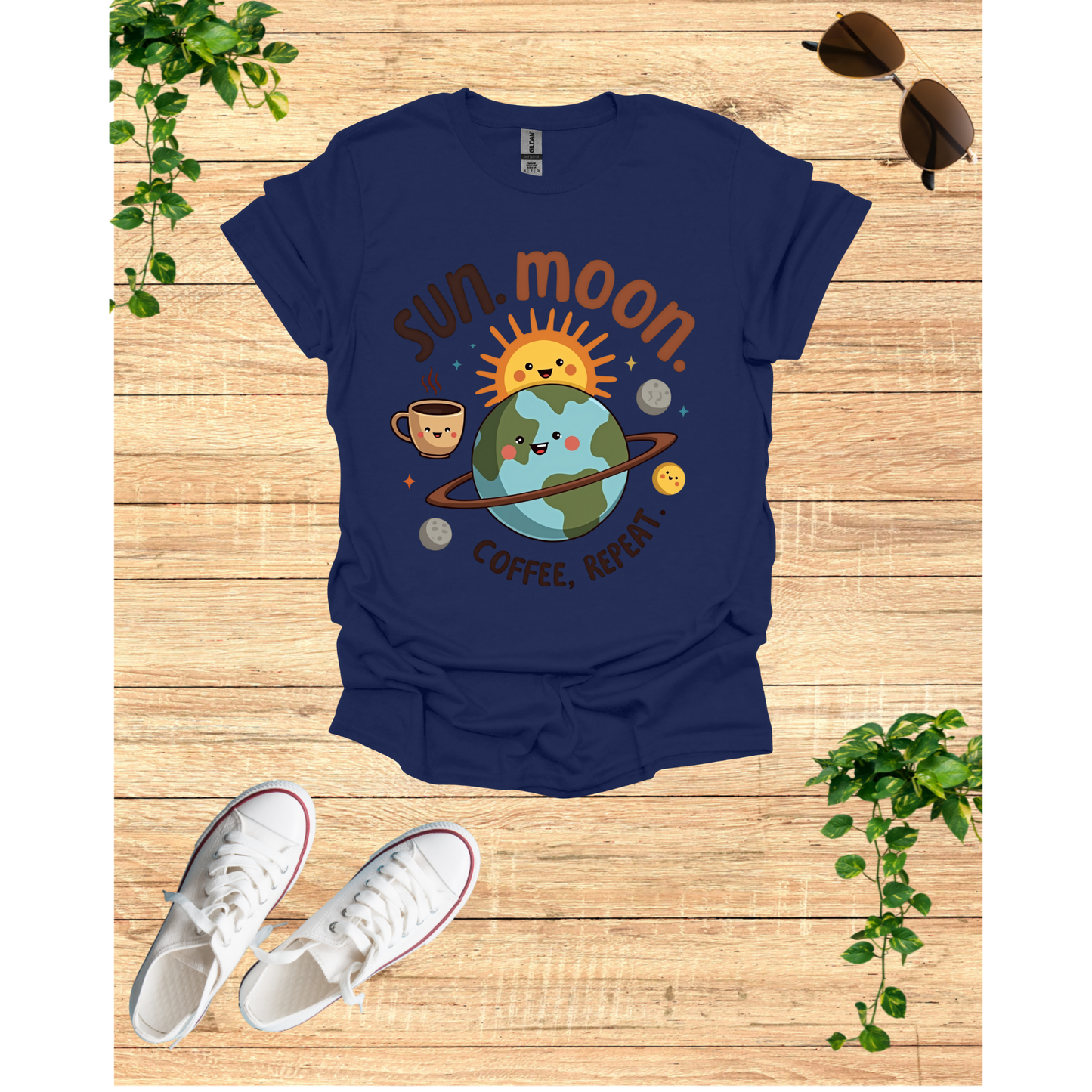 Cute Sun Moon Coffee Repeat Unisex Softstyle T-Shirt