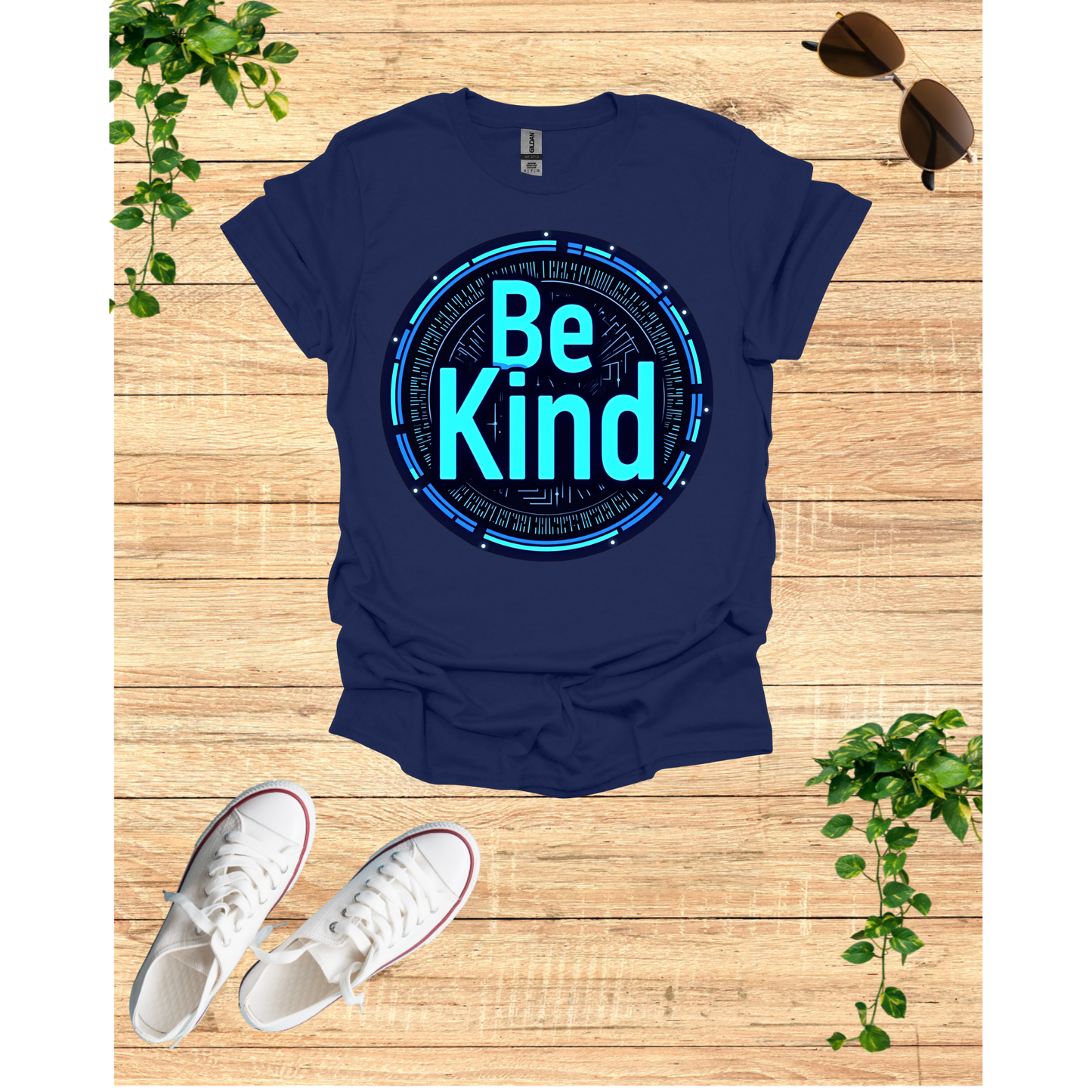Be Kind Graphic T-Shirt - Modern Artistry Kindness Message in Electric Blues and Metallic Silvers