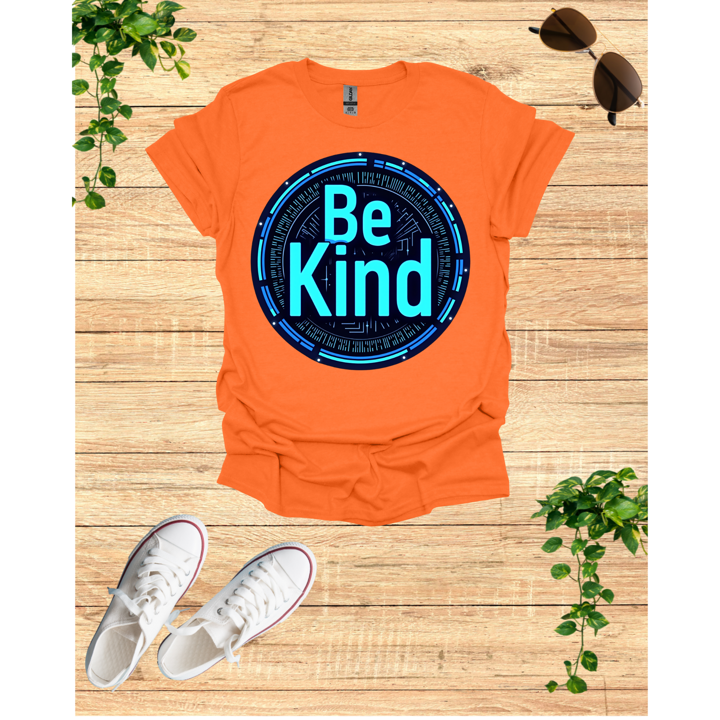 Be Kind Graphic T-Shirt - Modern Artistry Kindness Message in Electric Blues and Metallic Silvers