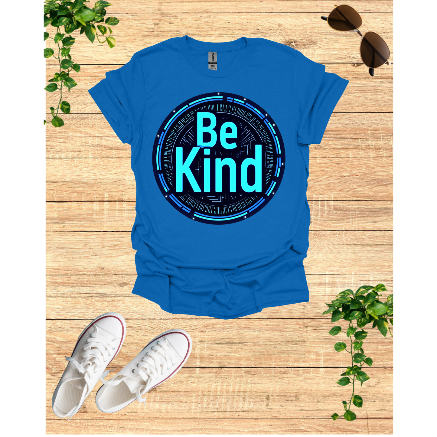 Be Kind Graphic T-Shirt - Modern Artistry Kindness Message in Electric Blues and Metallic Silvers