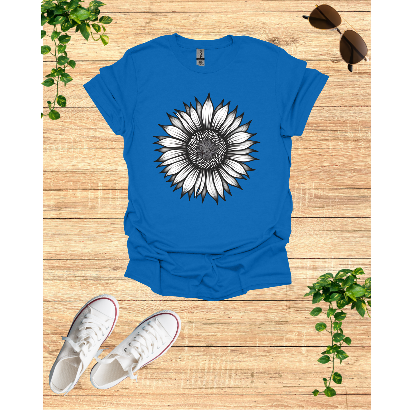 Grey Blossom Sunflower Graphic Unisex T-Shirt - Softstyle Tee for Nature Lovers