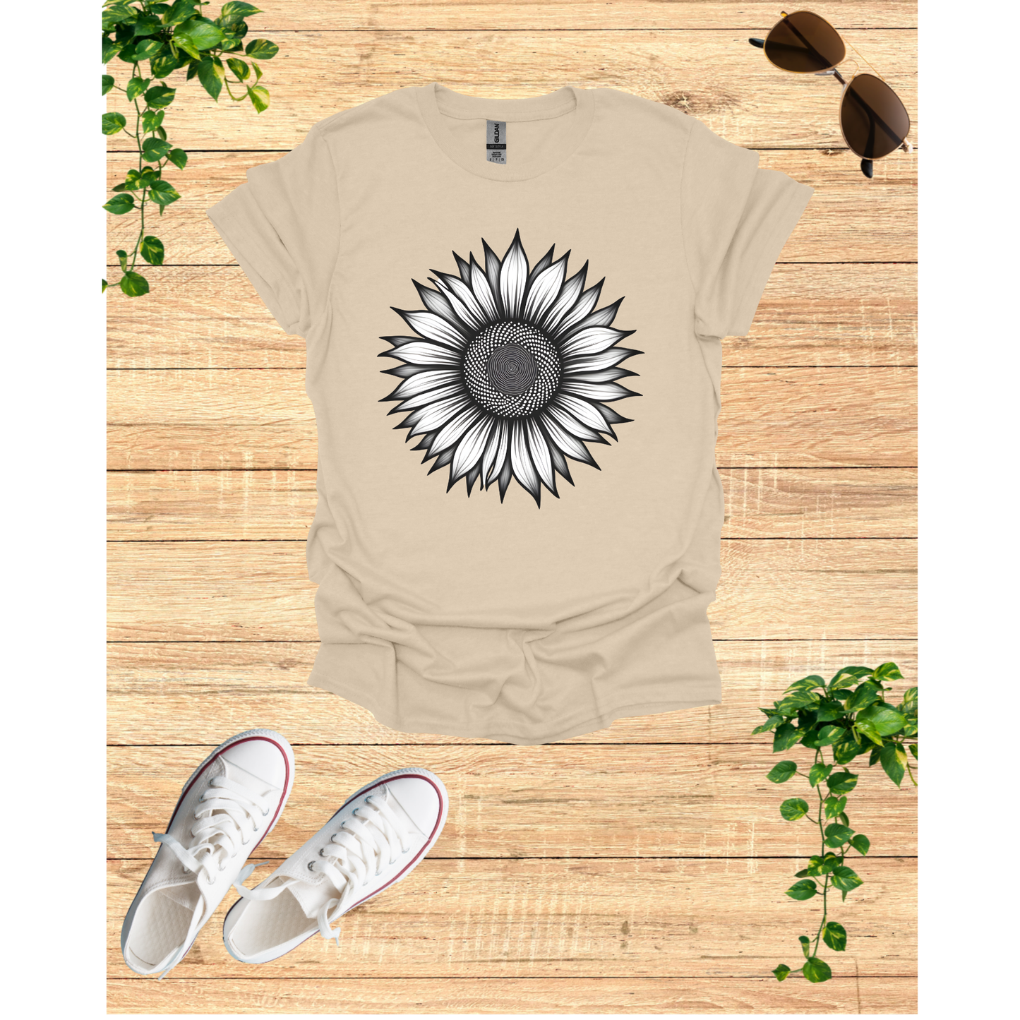 Grey Blossom Sunflower Graphic Unisex T-Shirt - Softstyle Tee for Nature Lovers