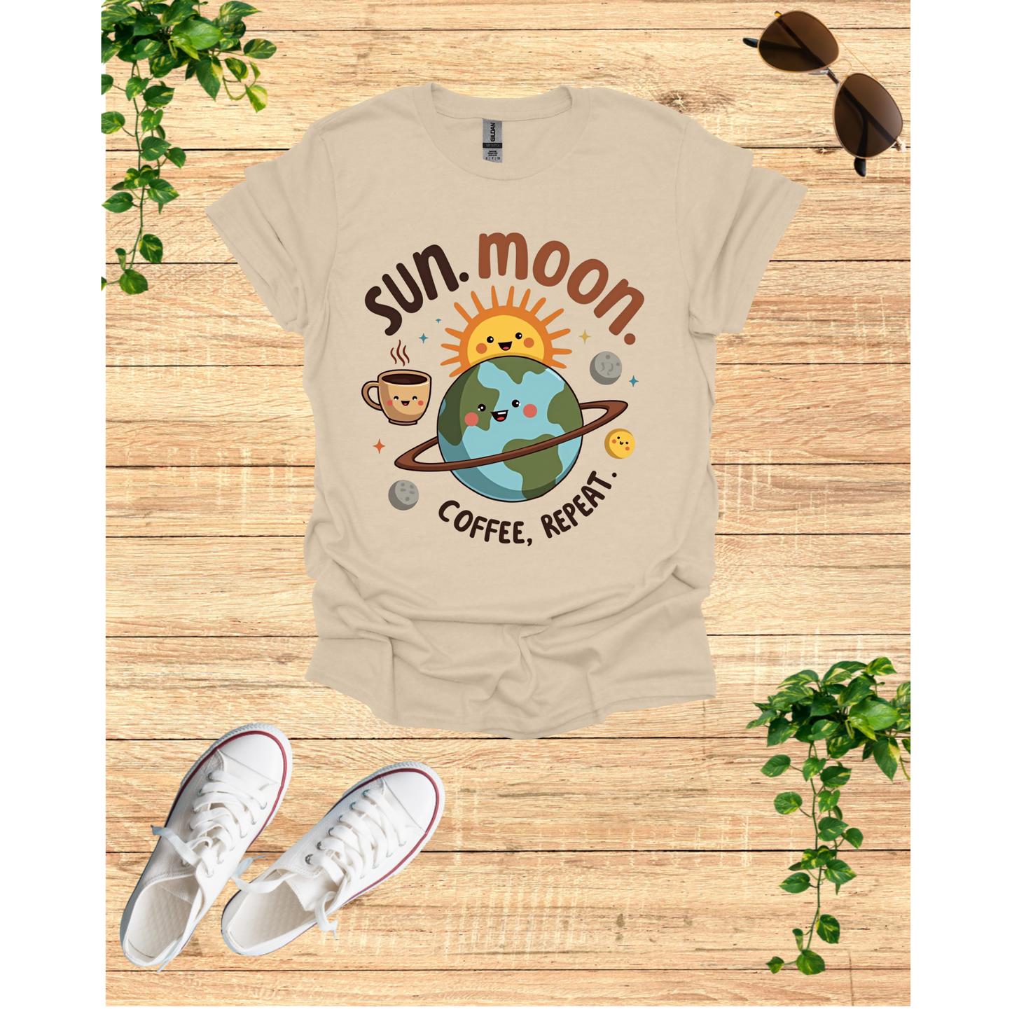 Cute Sun Moon Coffee Repeat Unisex Softstyle T-Shirt