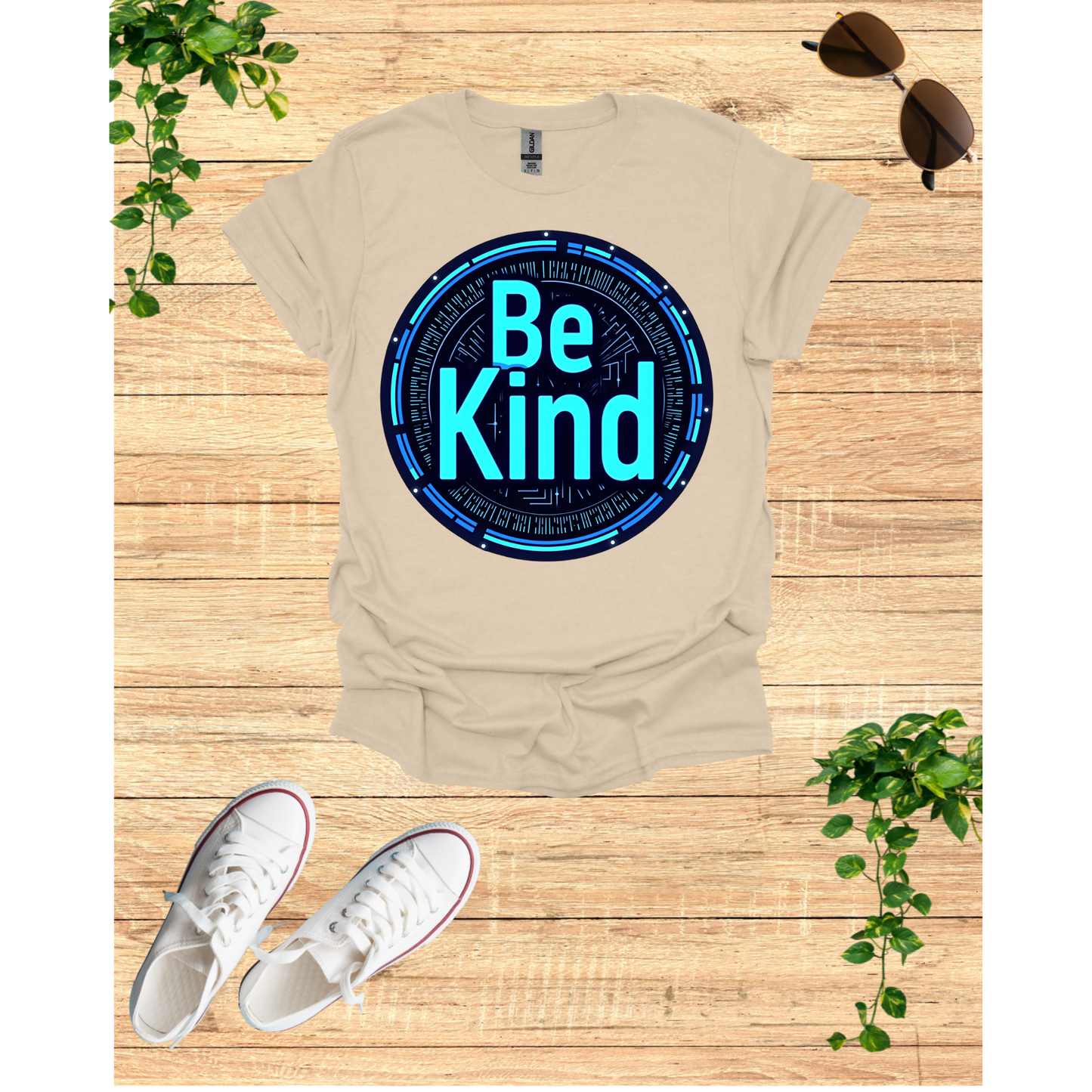 Be Kind Graphic T-Shirt - Modern Artistry Kindness Message in Electric Blues and Metallic Silvers
