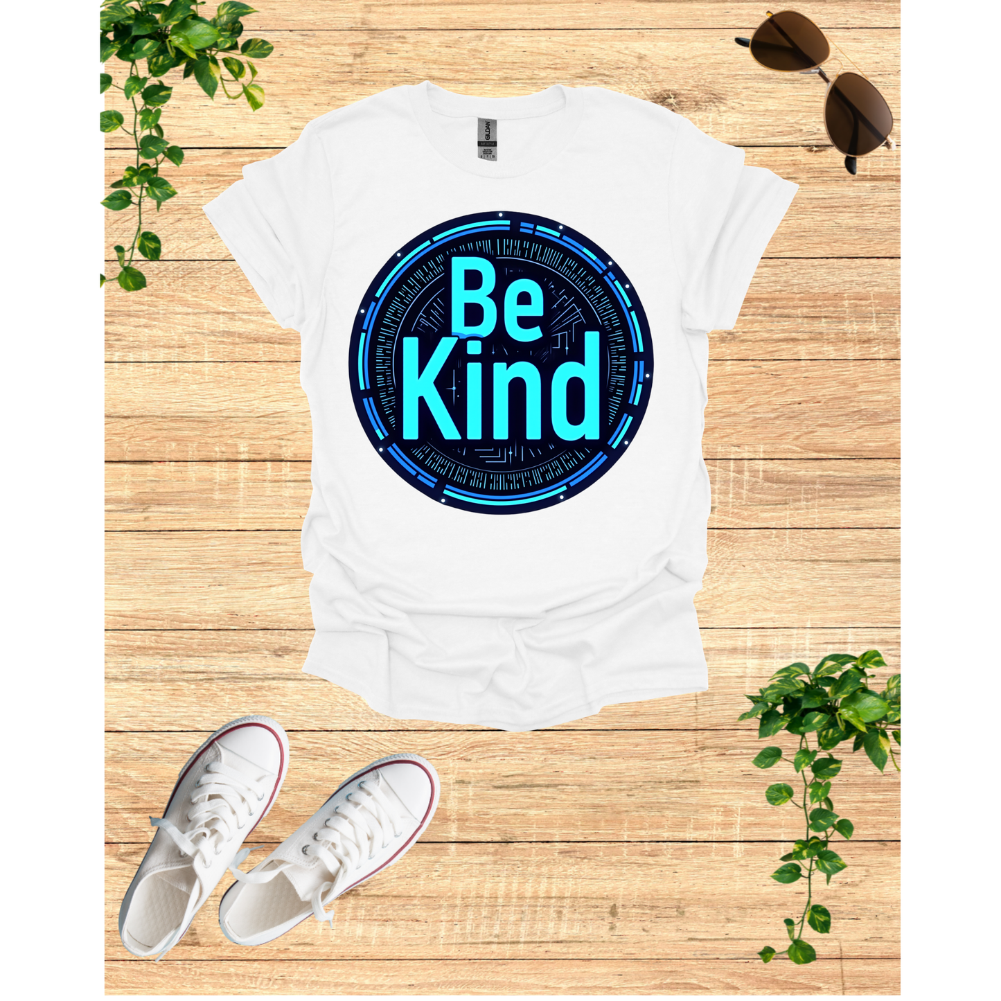 Be Kind Graphic T-Shirt - Modern Artistry Kindness Message in Electric Blues and Metallic Silvers