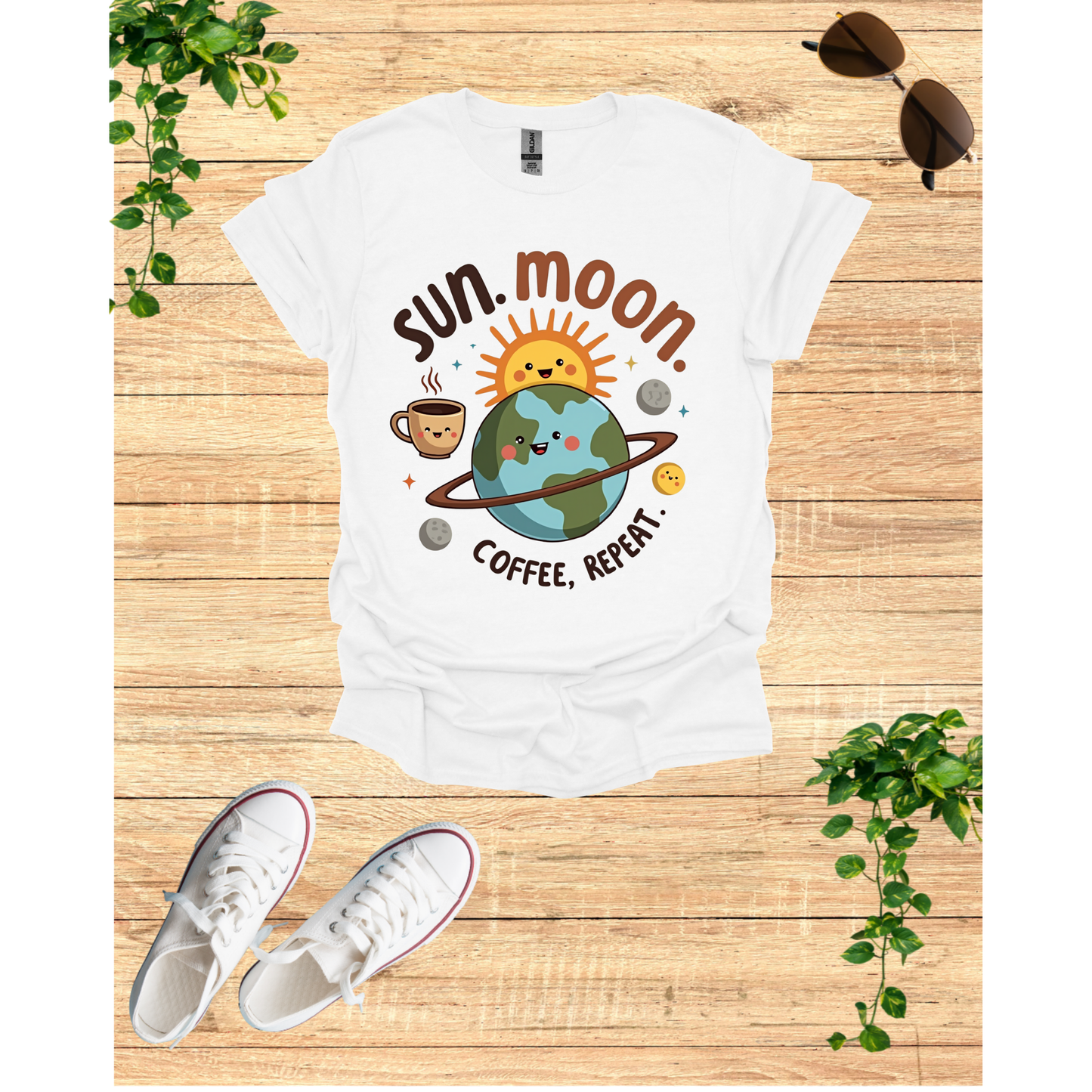Cute Sun Moon Coffee Repeat Unisex Softstyle T-Shirt