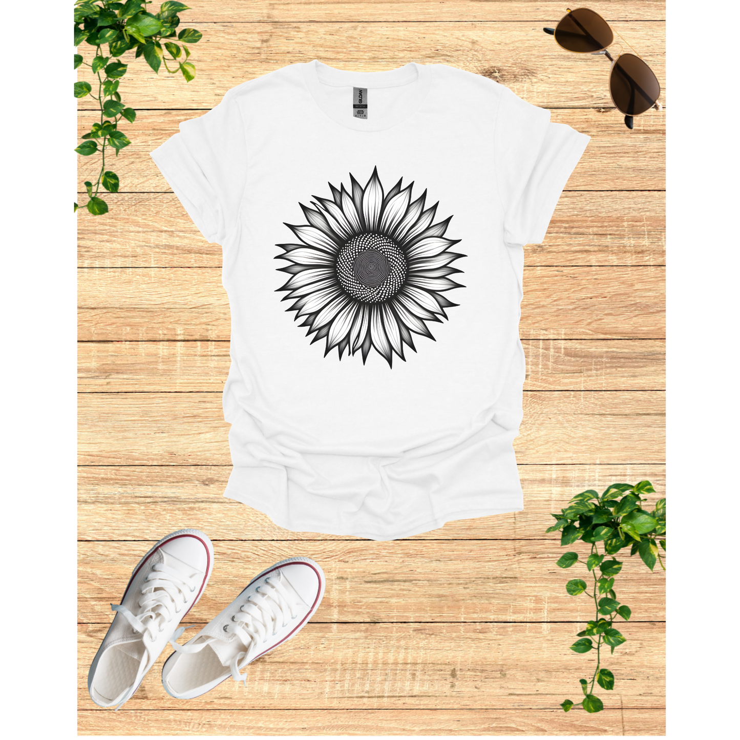 Grey Blossom Sunflower Graphic Unisex T-Shirt - Softstyle Tee for Nature Lovers
