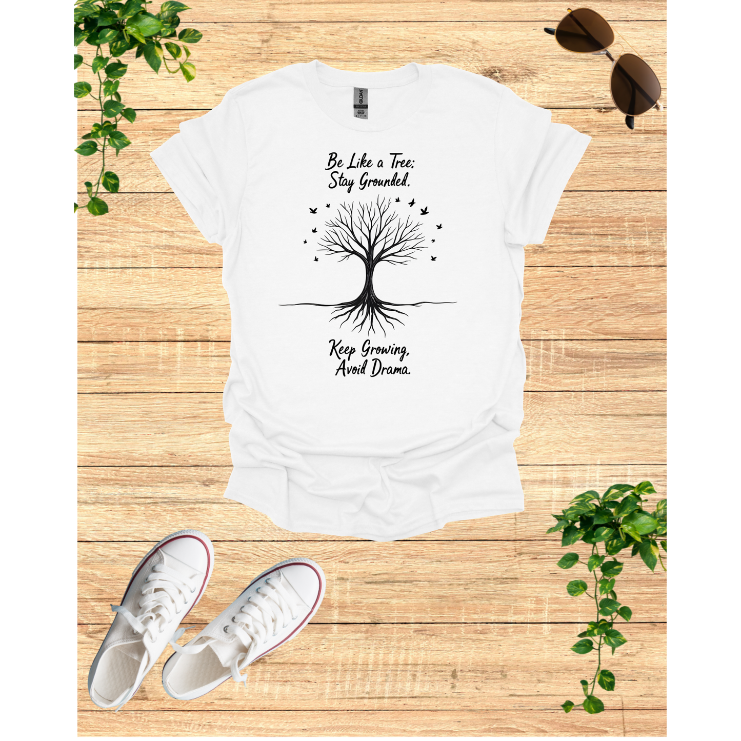 Inspirational Tree Graphic T-Shirt - Stay Grounded and Keep Growing