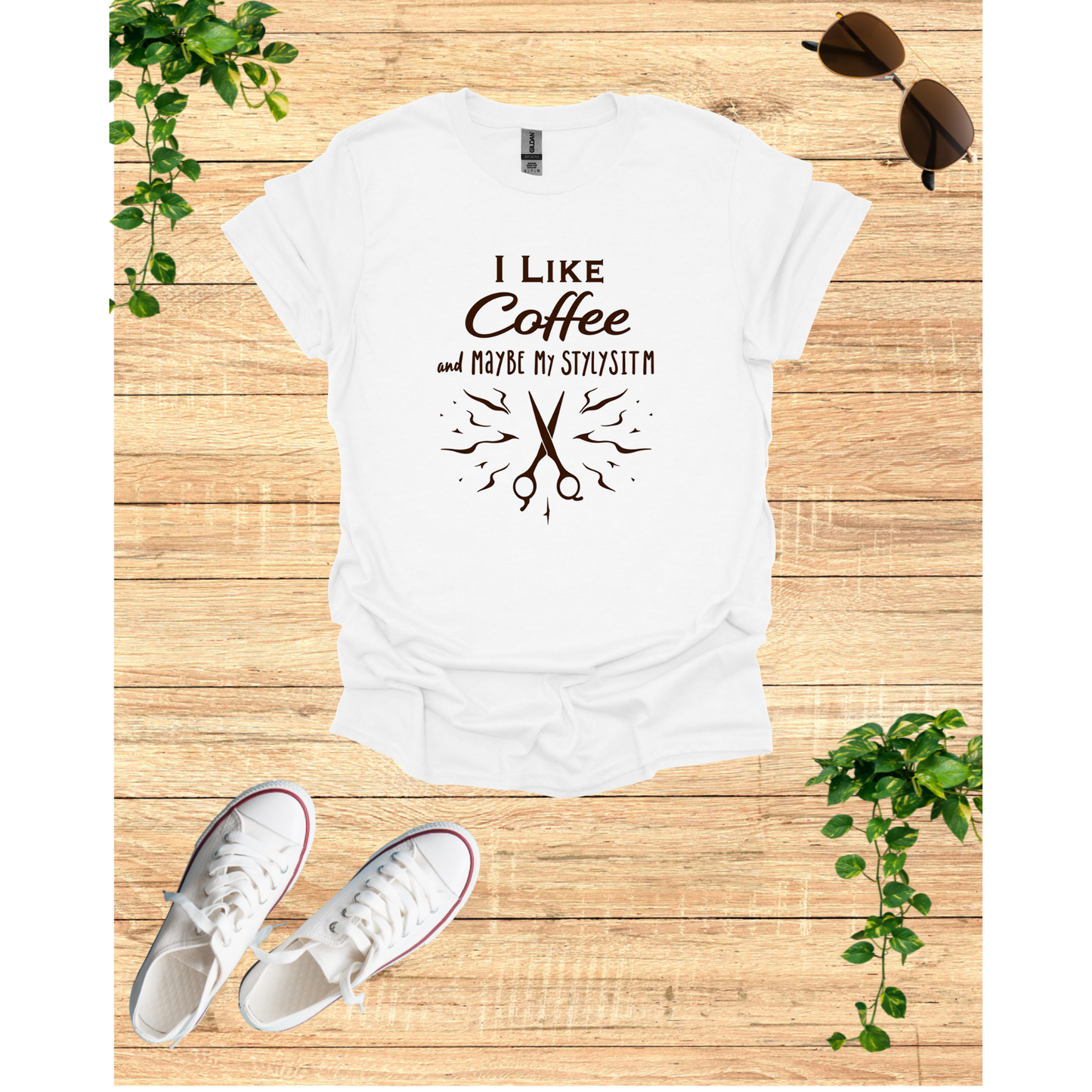 Funny Coffee Lover Unisex T-Shirt - "I Like Coffee and Maybe My Stylist"
