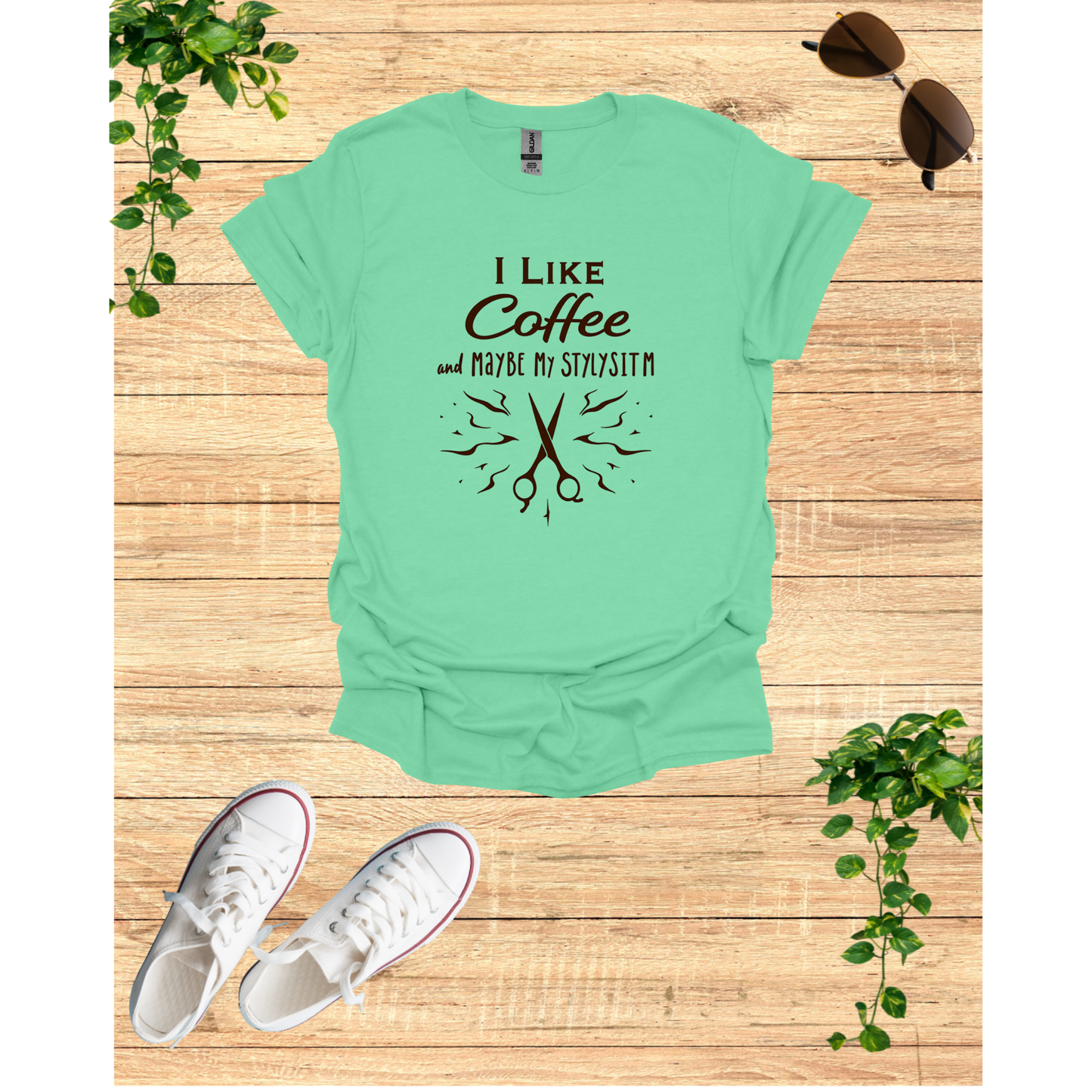 Funny Coffee Lover Unisex T-Shirt - "I Like Coffee and Maybe My Stylist"