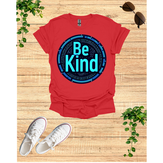 Be Kind Graphic T-Shirt - Modern Artistry Kindness Message in Electric Blues and Metallic Silvers